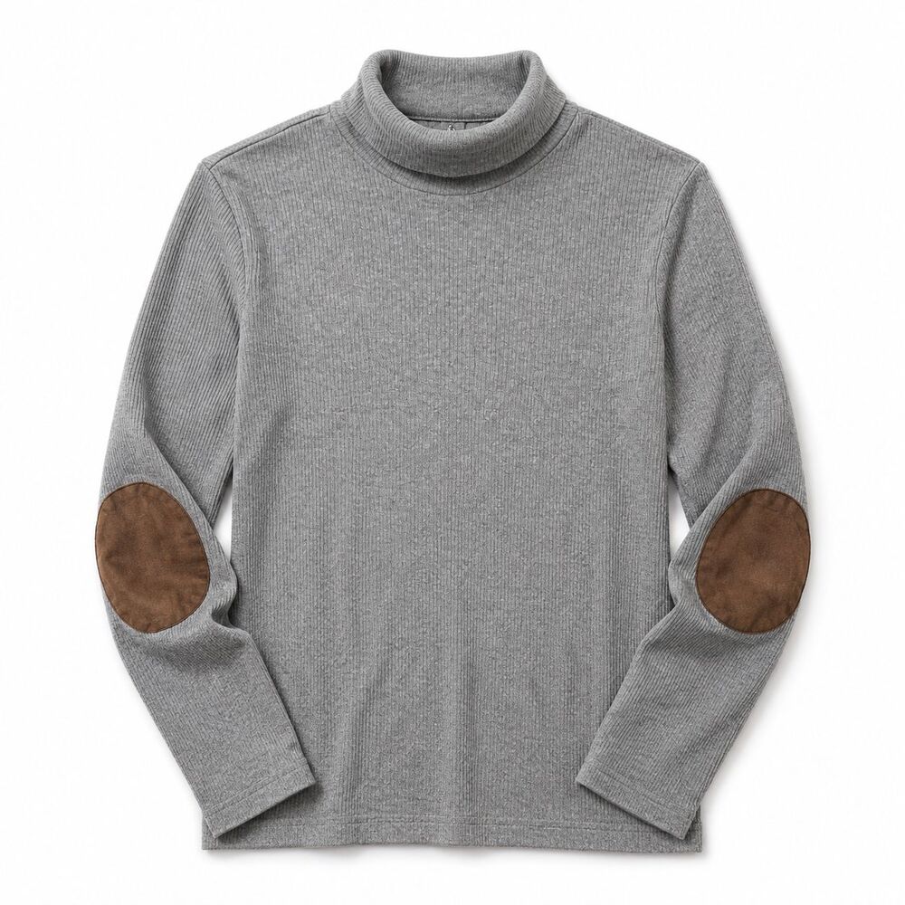Lauren Ralph Lauren Women M Gray Ribbed Turtleneck Brown Elbow Patch Cotton Top